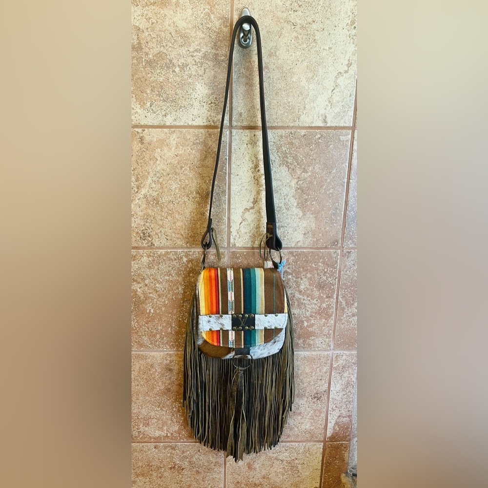 Brown Fringe Crossbody Bag with Geometric Pattern